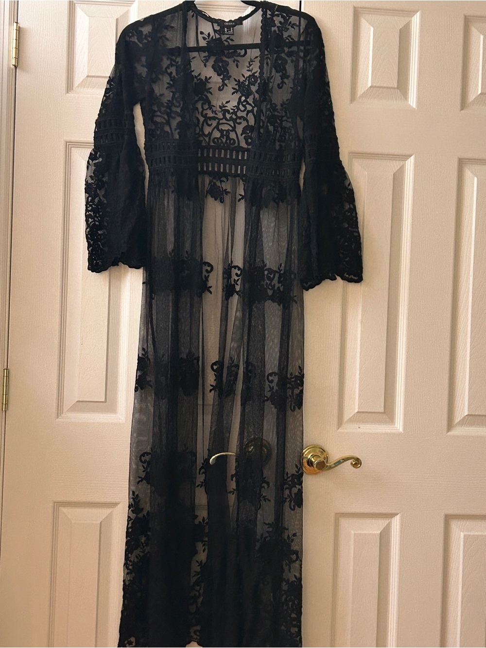 Whimsigoth Black Lace Maxi Duster Cardigan Sheer Boho Festival Kimono XS